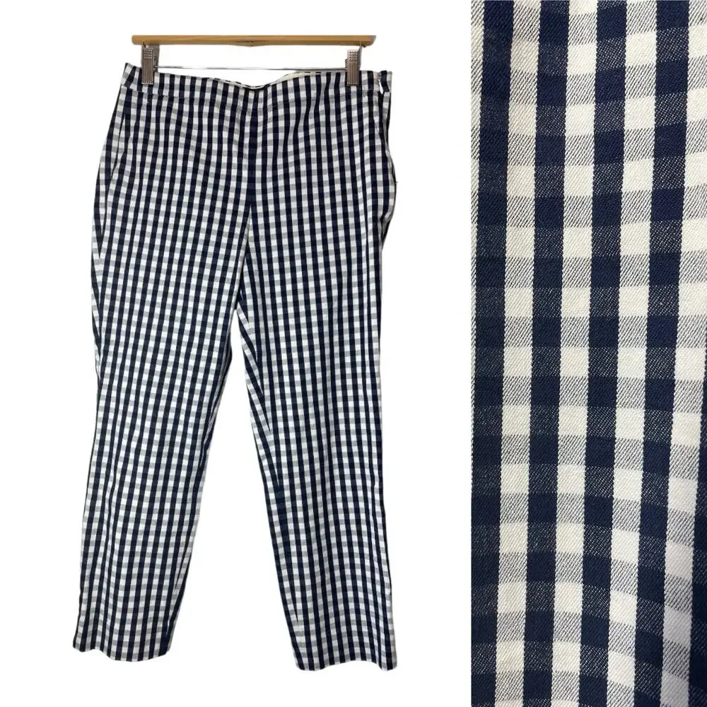 J Crew Navy Blue Gingham Martie Pants 8 Ankle
